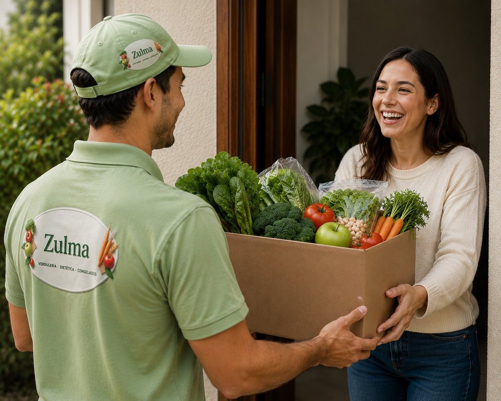 Repartidor de Verdulería Zulma entregando una caja de verduras frescas en la puerta a una clienta